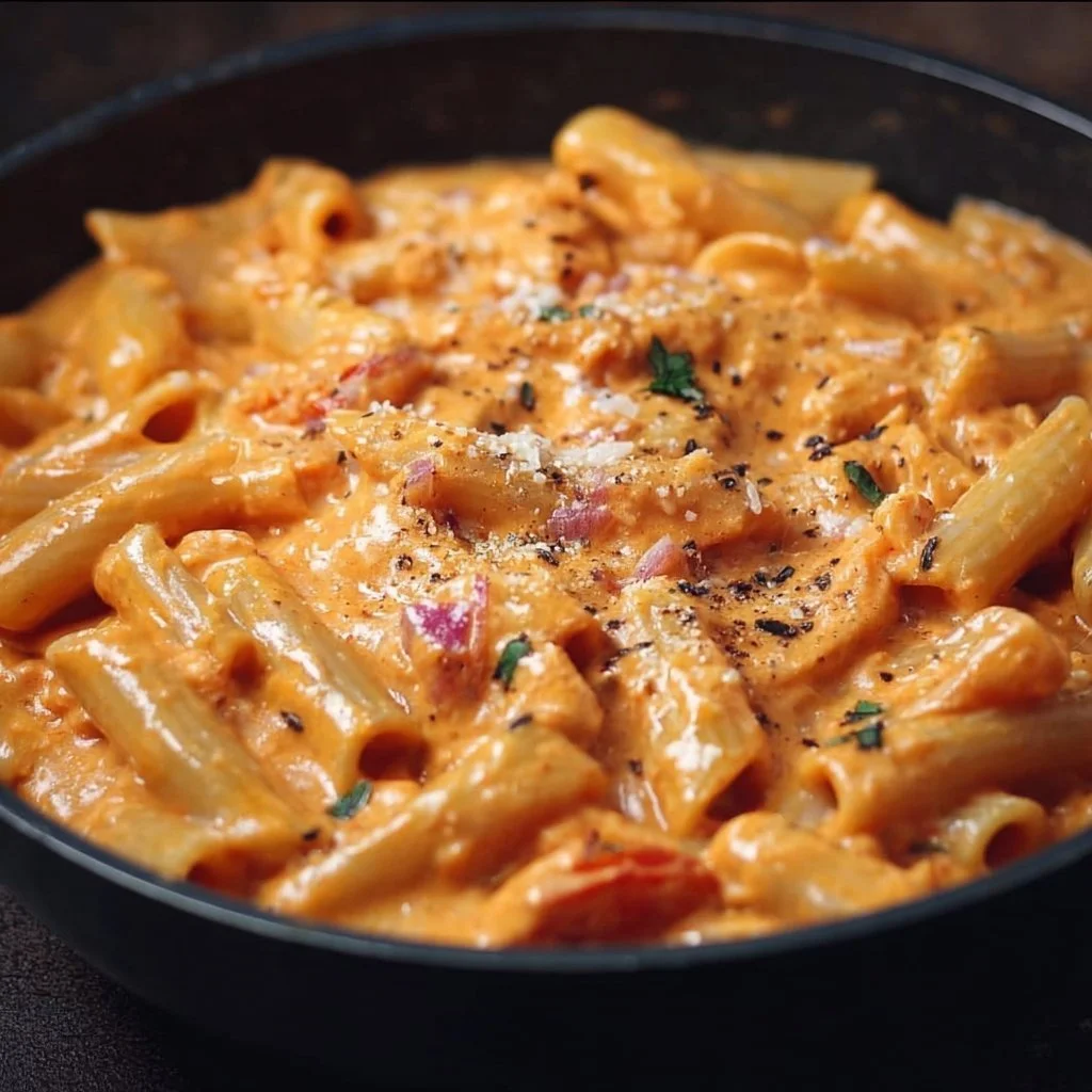 Cremige Pasta mit Tomatensoße serviert auf einem Teller