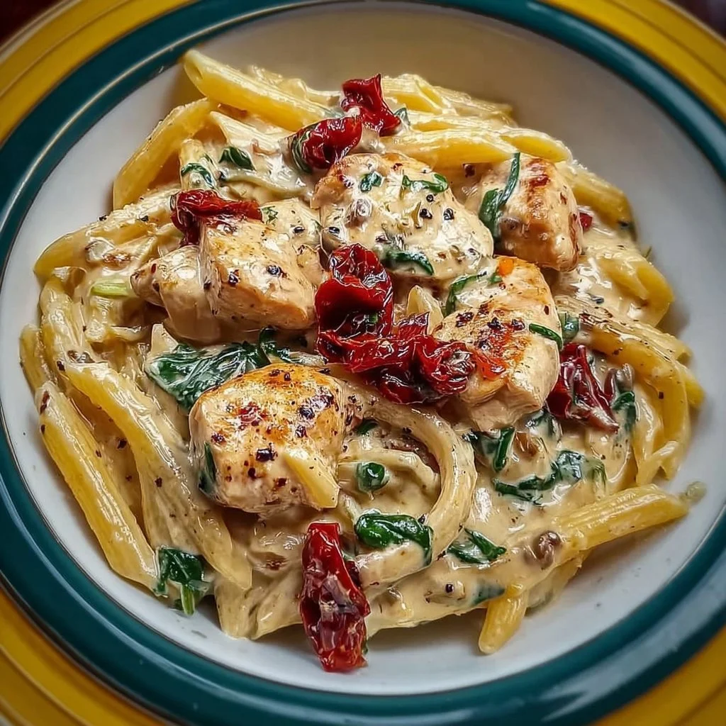 Cremige toskanische Hähnchenpasta mit frischen Zutaten serviert.
