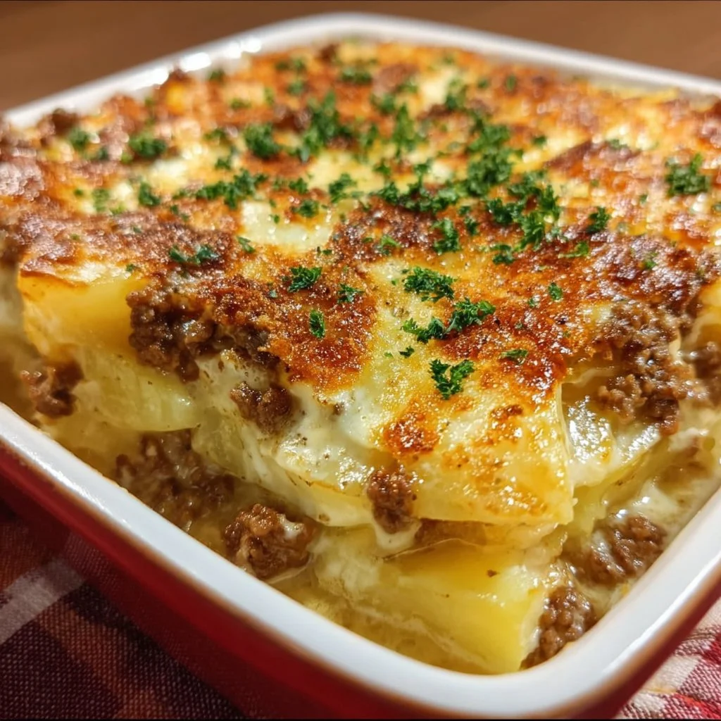 Cremiger Hackfleisch Kartoffelauflauf mit Kartoffeln und würzigem Hackfleisch