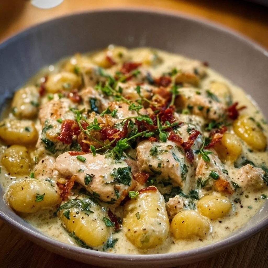 Cremiges Hähnchen Gnocchi Gericht auf einem Teller serviert