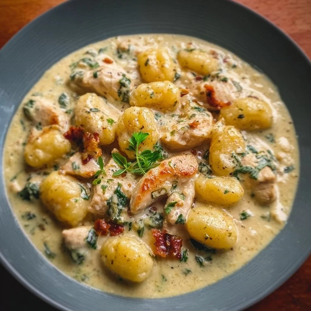 Cremiges Hühnchen mit Gnocchi auf einem Teller serviert.