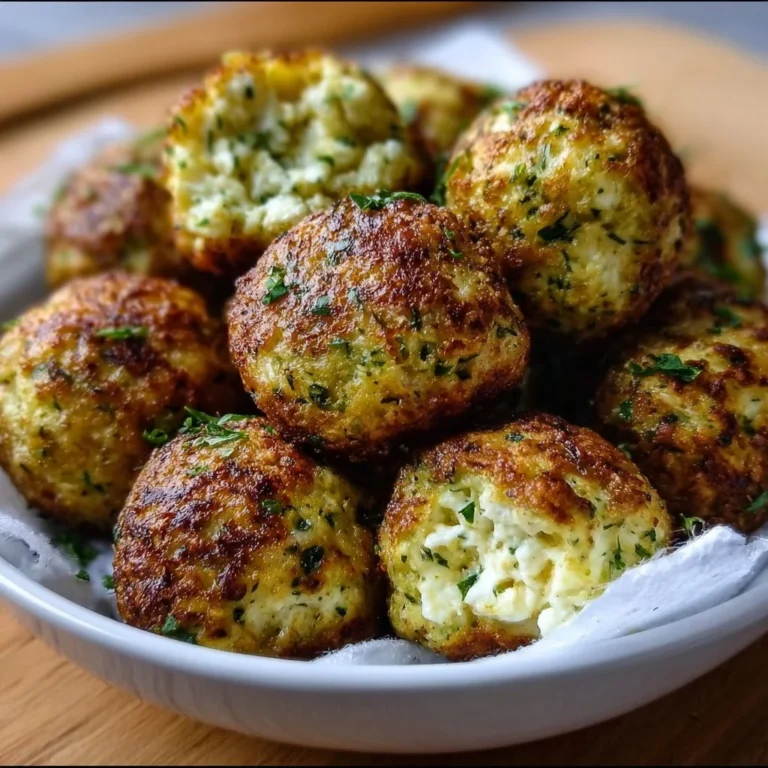 Knusprige Zucchini-Feta-Bälle frisch aus dem Ofen serviert.