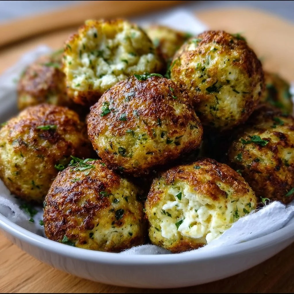 Knusprige Zucchini-Feta-Bälle frisch aus dem Ofen serviert.