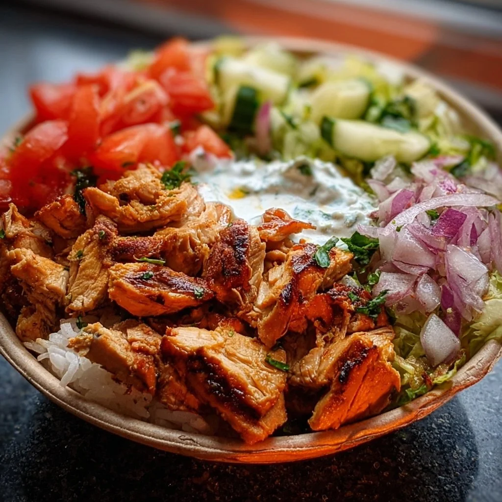 Döner-Bowl mit Hähnchen, frisches Gemüse und würzige Soße auf einem Teller