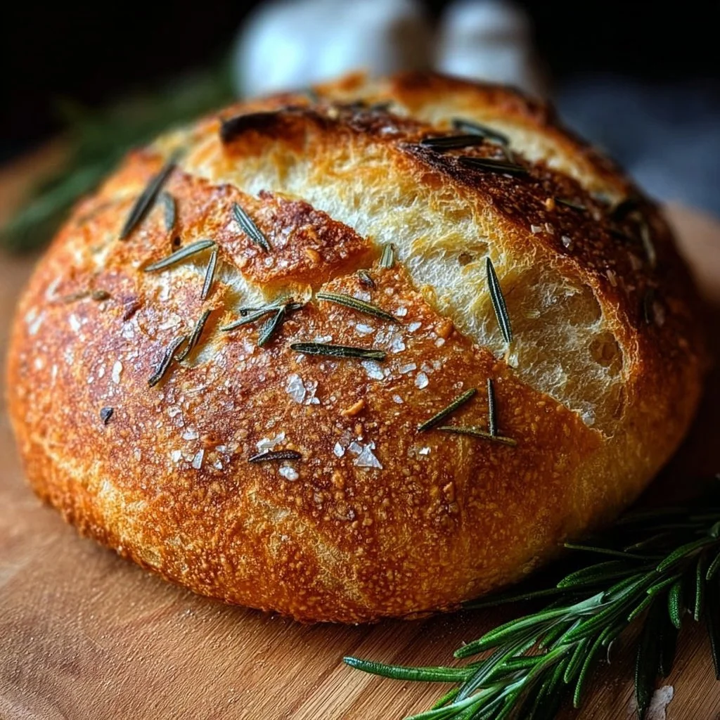 Selbst gebackenes Rosmarin-Knoblauch Brot auf einem Holzbrett