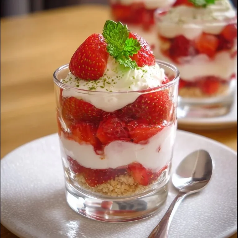 Erdbeer Dessert im Glas mit frischen Erdbeeren und Sahne