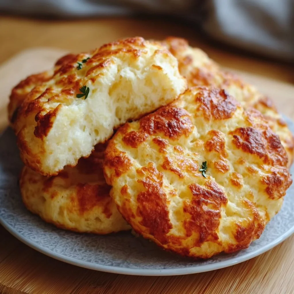Fluffiges Hüttenkäse Wolkenbrot auf einem Holzbrett angerichtet.