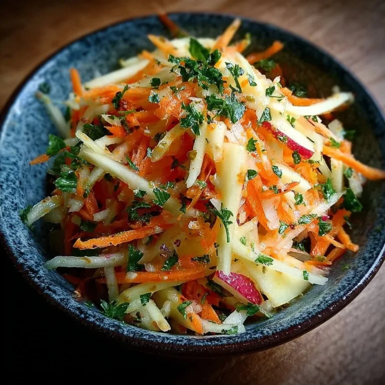 Frischer Kohlrabi Karotten Apfel Salat auf einem Teller serviert