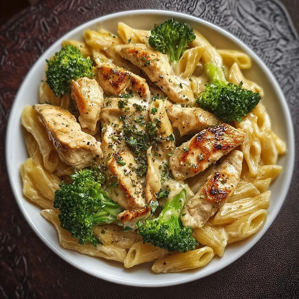 Hähnchen-Brokkoli-Pasta Gericht auf einem Teller, serviert mit frischem Gemüse