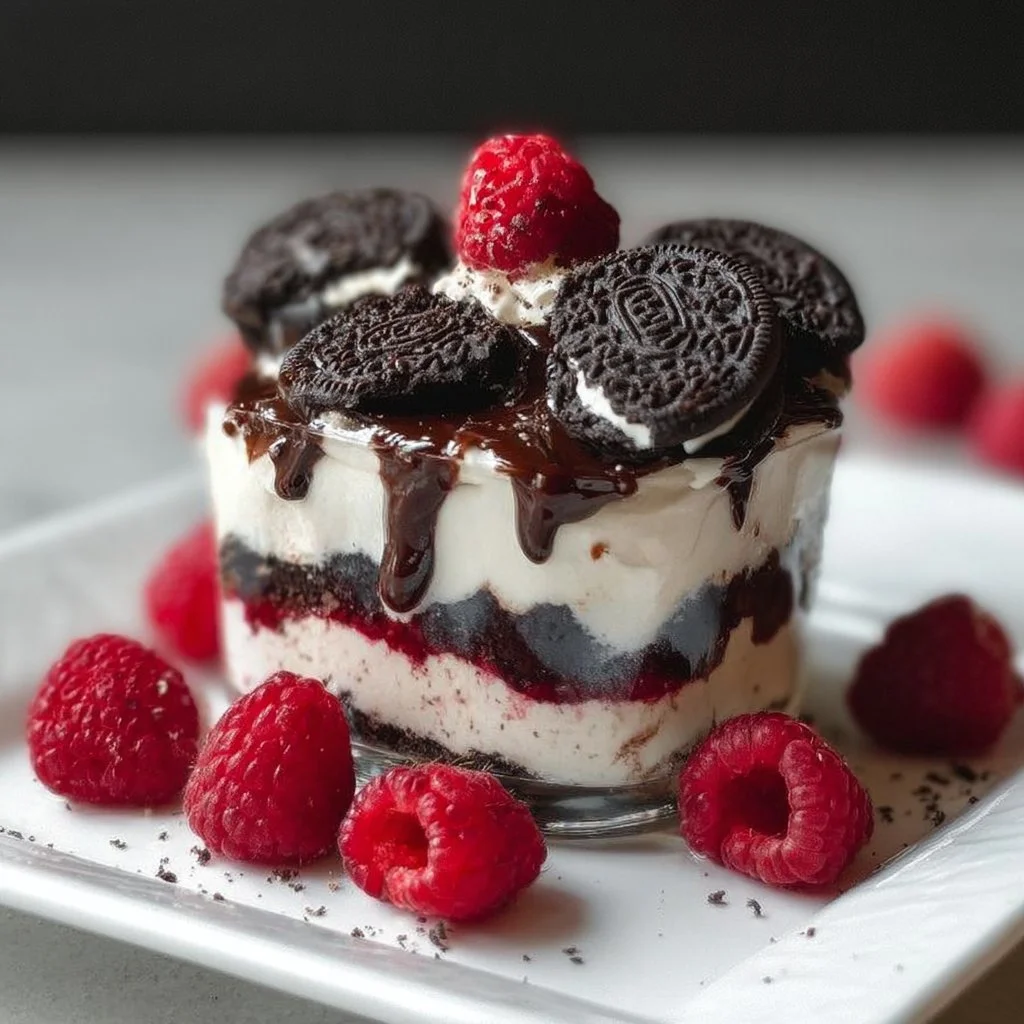 Himbeer-Oreo-Dessert auf einem Teller mit frischen Himbeeren