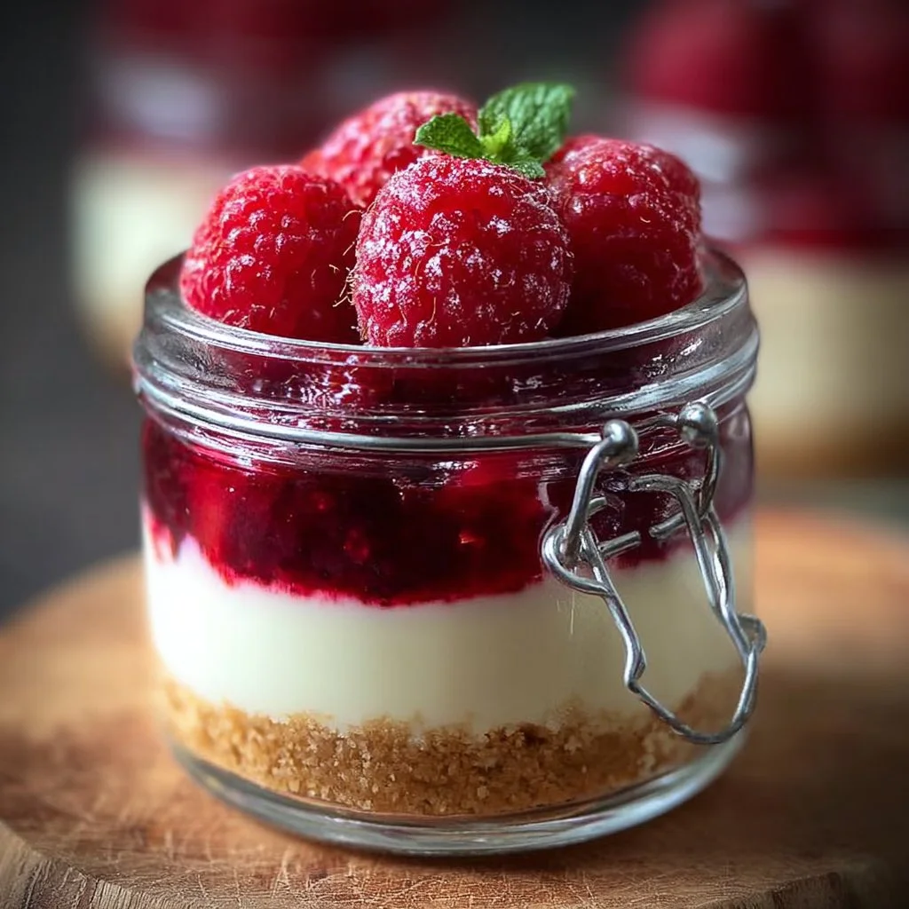 Käsekuchen im Glas mit frischen Himbeeren serviert
