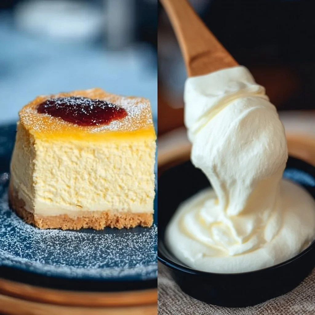Luftiger Käsekuchen mit Joghurt, serviert auf einem weißen Teller