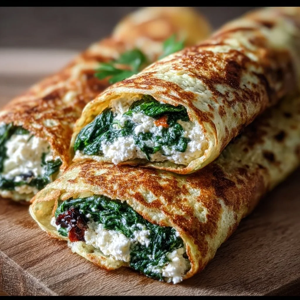 Keto Pfannkuchen Wraps mit Spinat und Feta auf einem Teller serviert