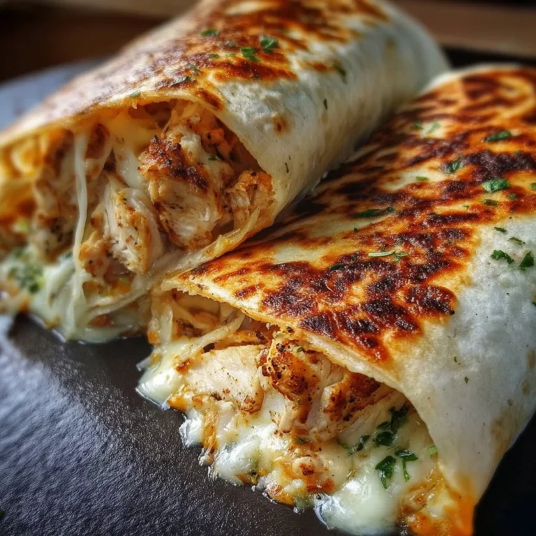 Klebrige Käse Knoblauch Hühnchen Wraps auf einem Teller serviert