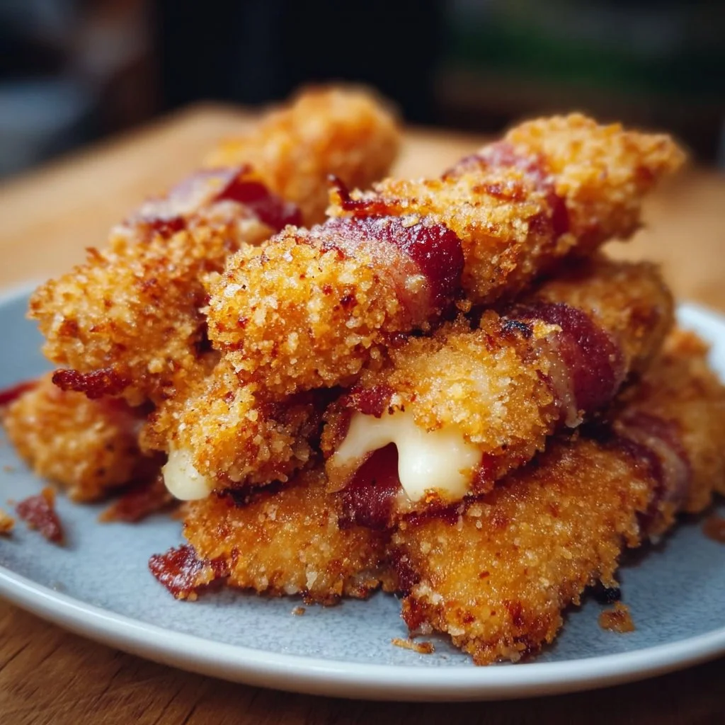 Knusprige Beef Bacon-Mozzarella-Sticks auf einem Teller serviert