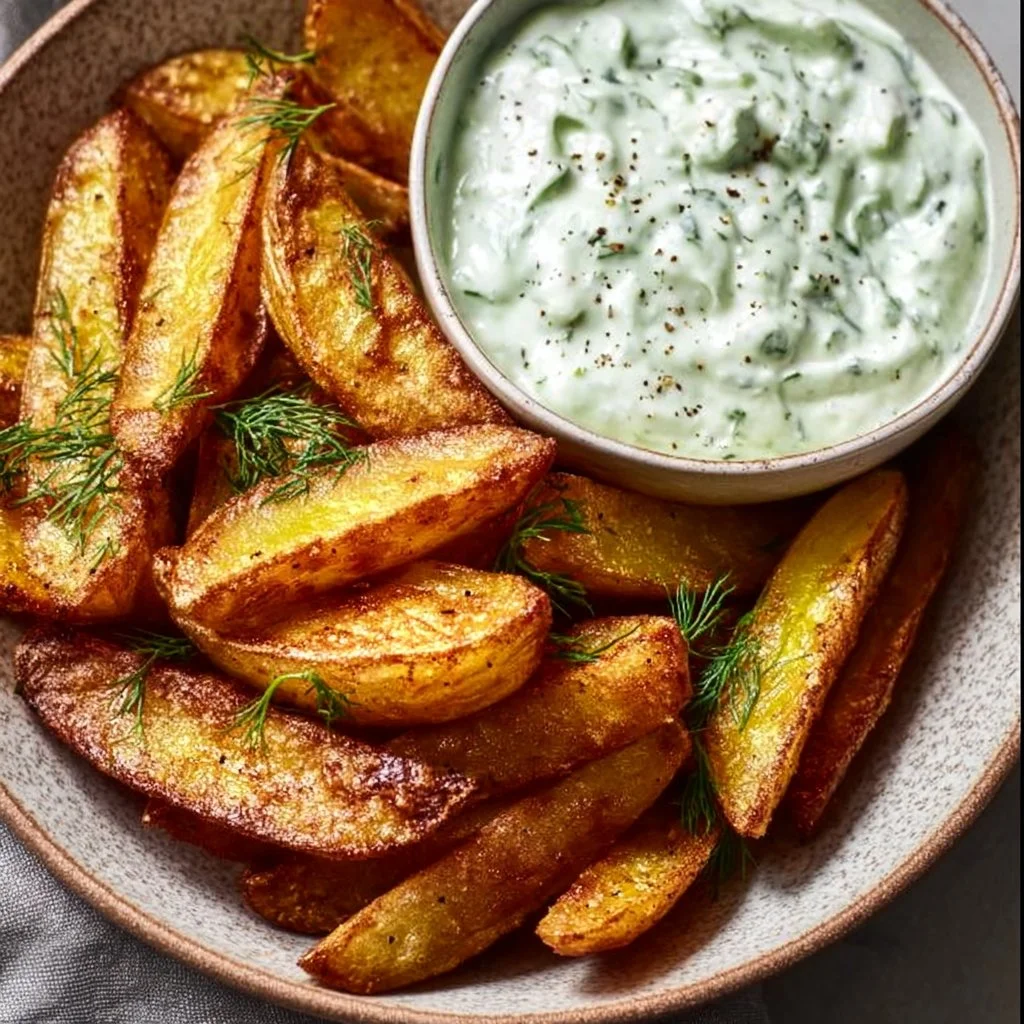 Knusprige Kartoffelspalten mit erfrischendem Gurkendip