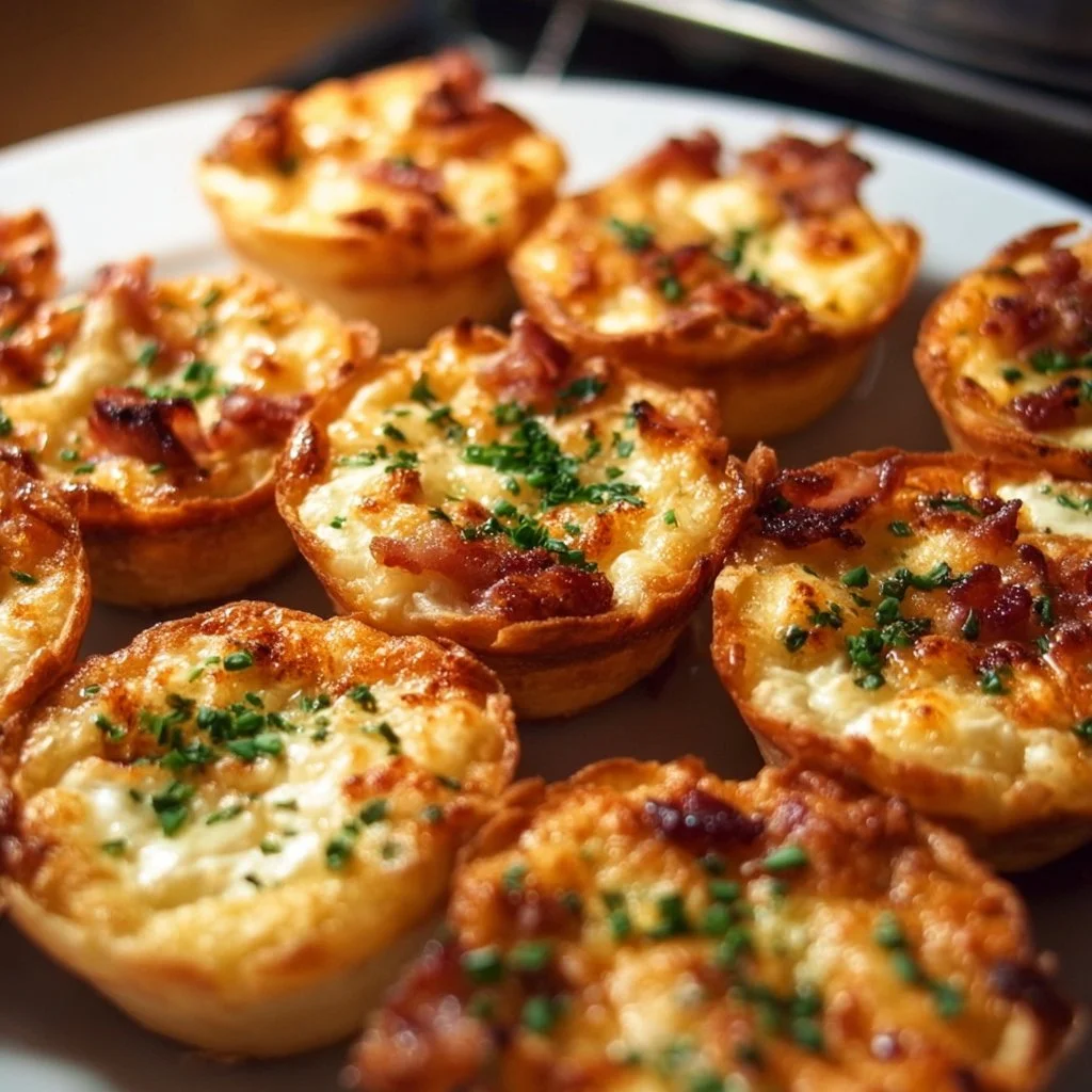 Knusprige Mini Tarte Flambée Häppchen auf einem Teller serviert