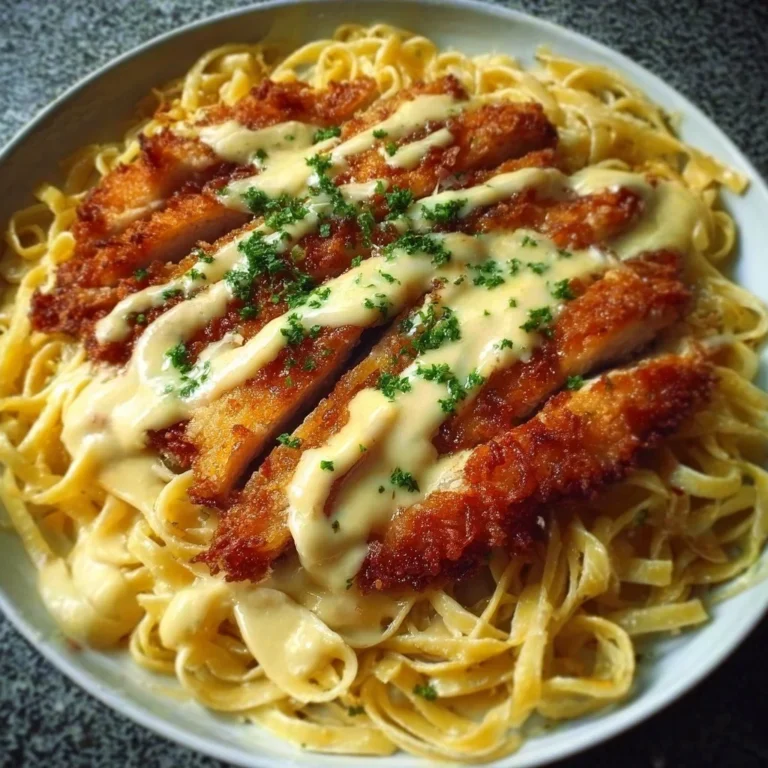 Knuspriges Hähnchen mit cremiger Pasta auf einem Teller serviert