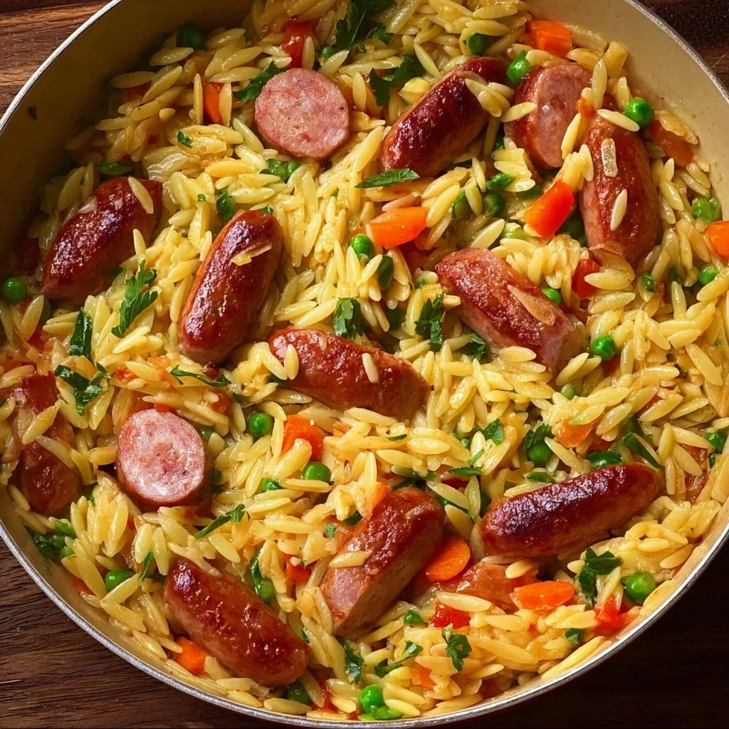 Kritharaki-Pfanne mit Würstchen