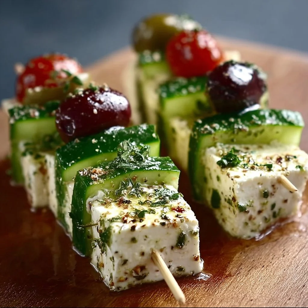 Leckere Feta-Spieße mit Gurke auf einem Teller angerichtet.