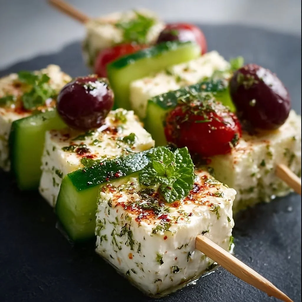 Leckere Feta Spieße mit Gurke auf einem Teller, ideal für Snacks und Parties.