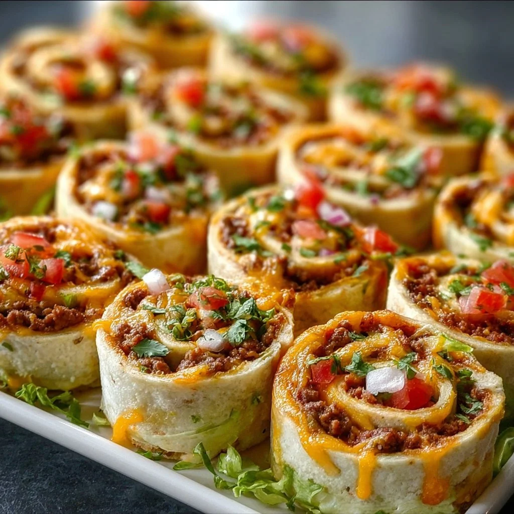 Leckere Taco Pinwheels auf einem Party-Teller serviert