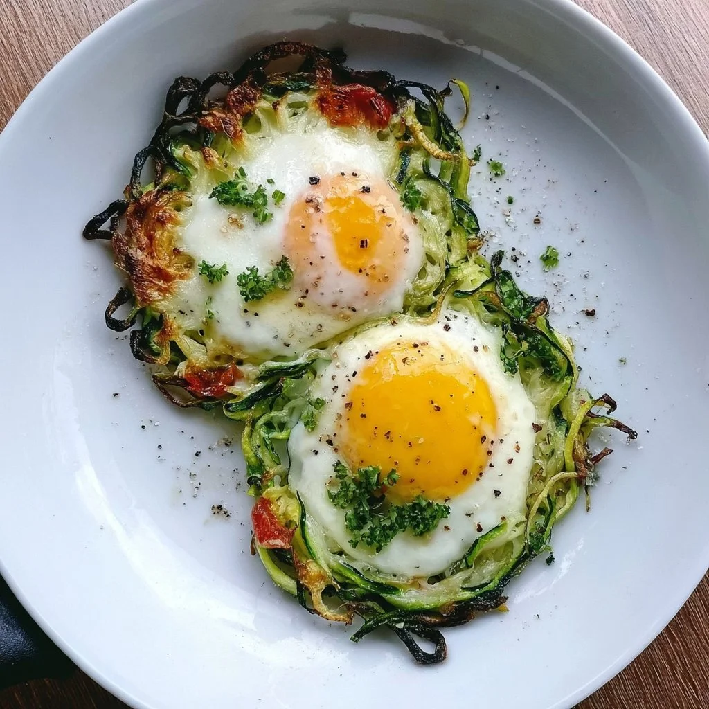 Low Carb Zucchini Nester mit Spiegelei auf einem Teller