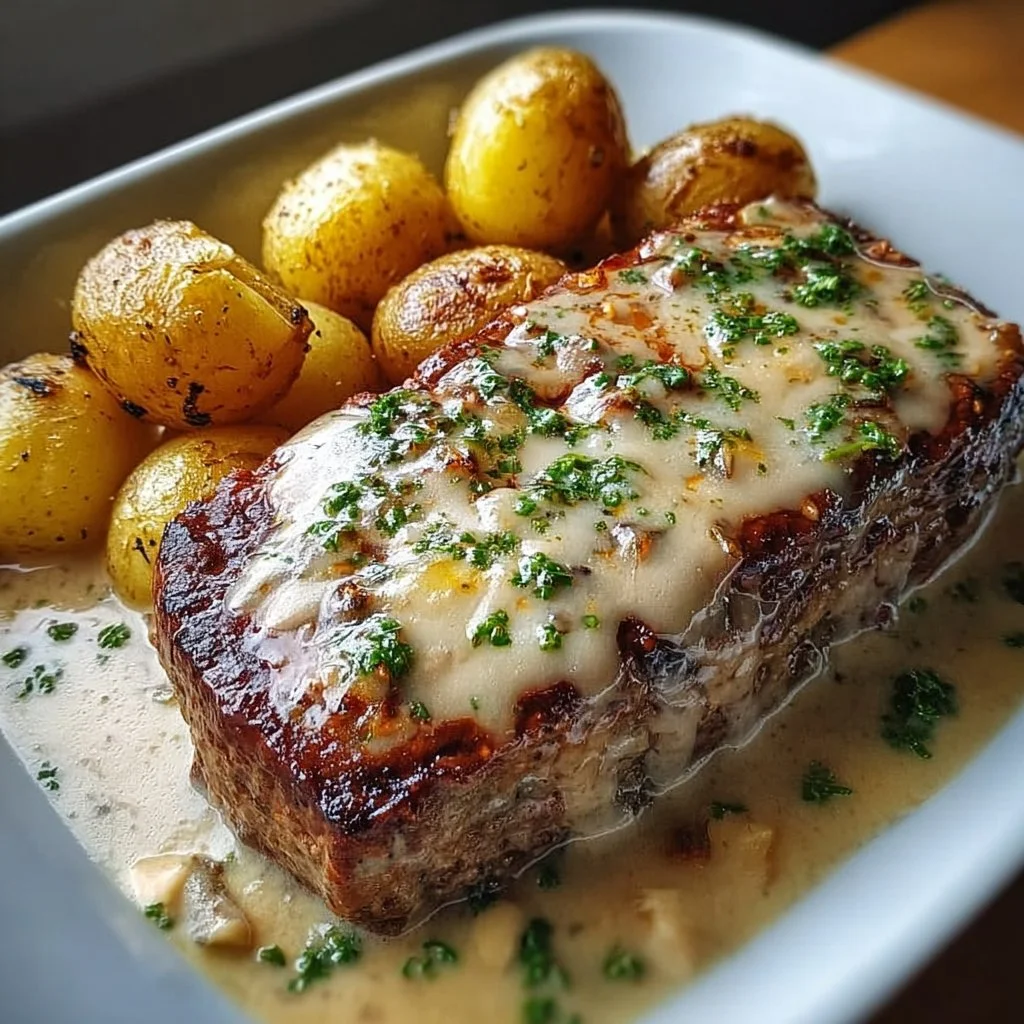Leckeres Meatloaf mit Kartoffeln in cremiger Sauce auf einem Teller angerichtet.