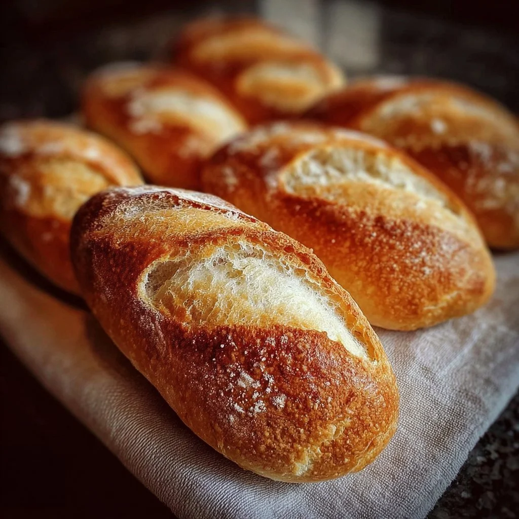 Frisch gebackene Mini Baguette Brötchen auf einem Holzbrett.