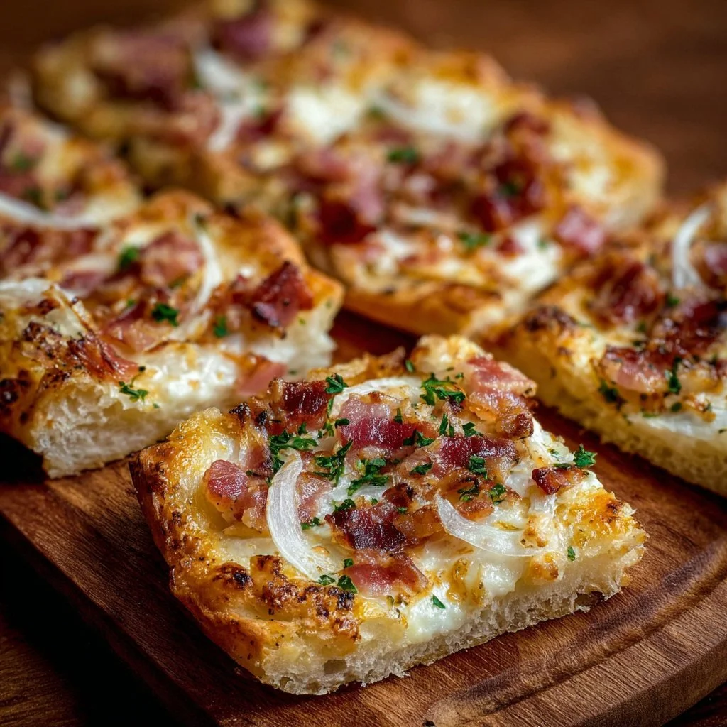 Mini Flammkuchen mit Speck und Zwiebeln auf einem Holzbrett serviert