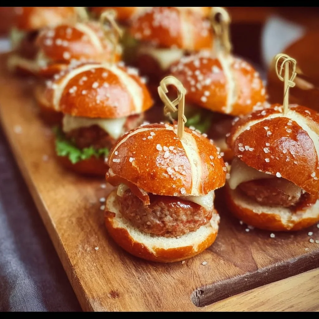 Leckere Mini Laugen-Burger mit Leberkäse auf einem Teller.