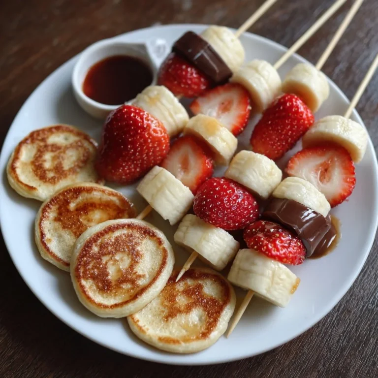 Mini-Pancake-Spieße mit Erdbeeren, Banane und Schokolade auf einem Teller