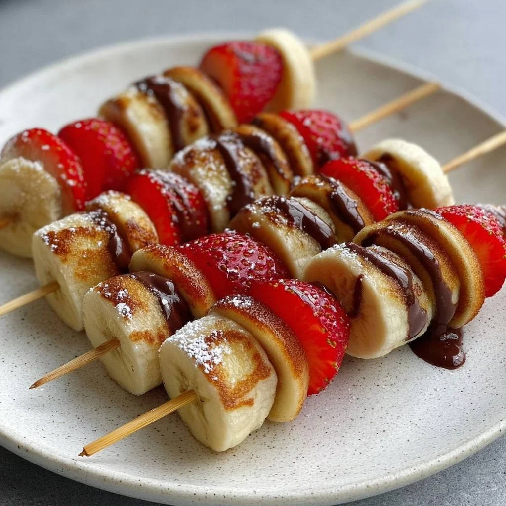 Mini-Pancake-Spieße mit Erdbeeren, Banane und Schokolade