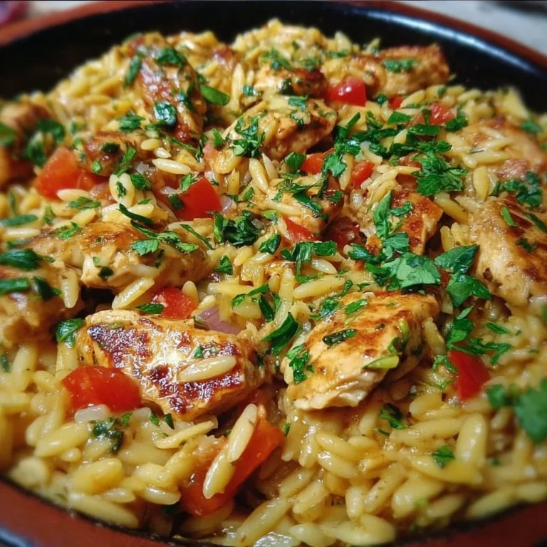 One Pot Orzo Pasta mit Hähnchen in einer schönen Schüssel serviert.