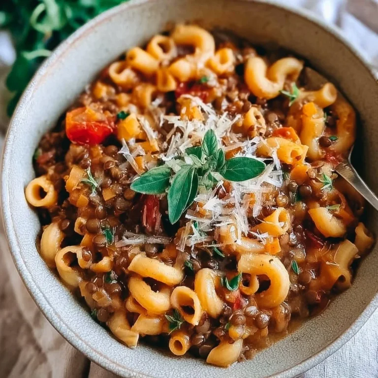 Ein schmackhaftes One Pot Pasta Gericht mit Linsen in einer Pfanne zubereitet.