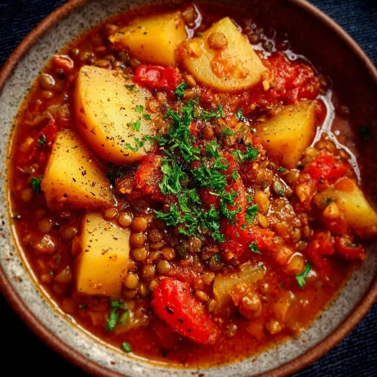 Paprika-Kartoffel-Topf mit Linsen in einer bunten Schüssel serviert.