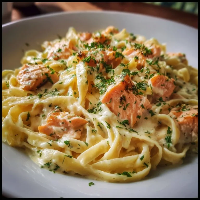 Pasta mit Lachs in cremiger Sauce auf einem Teller serviert