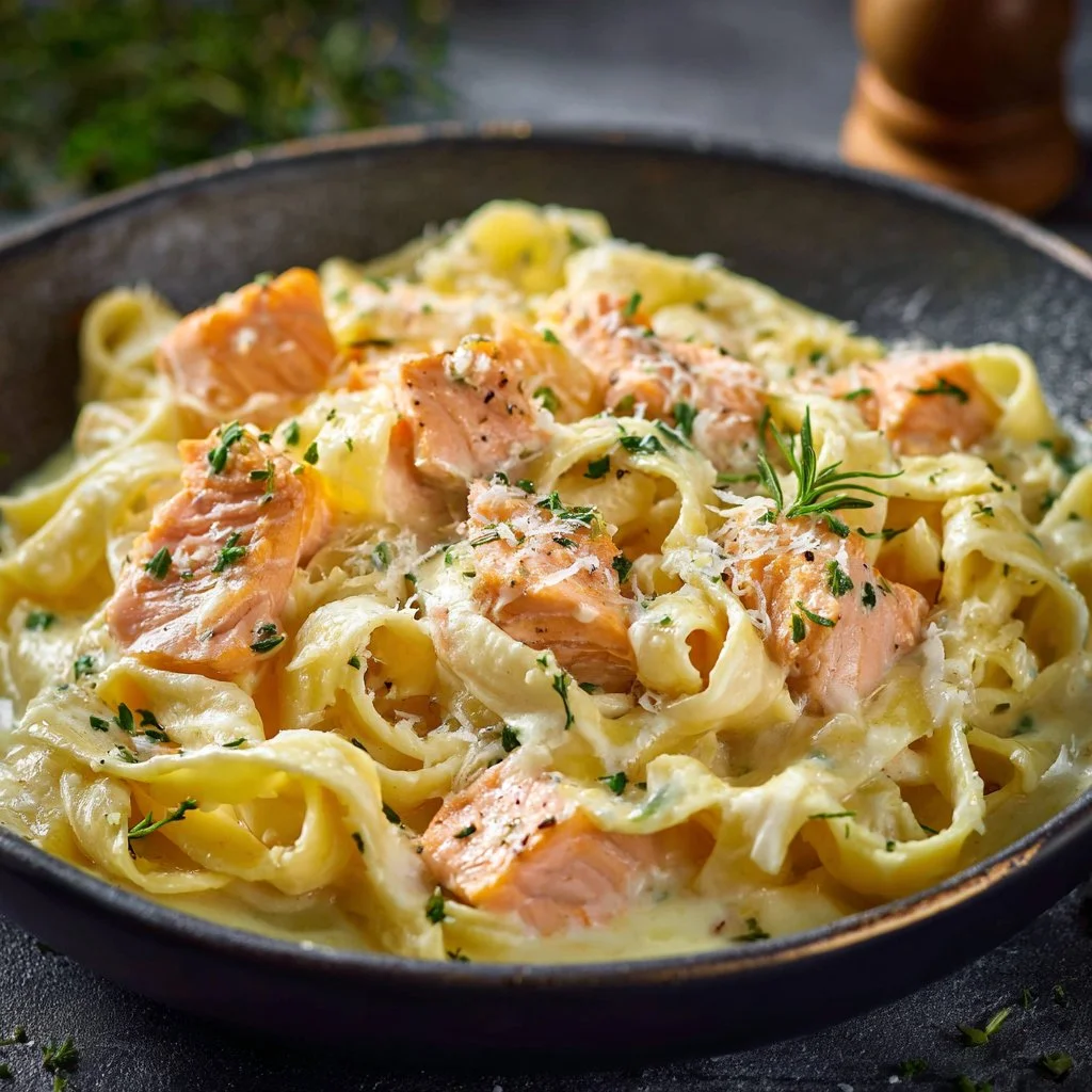 Pasta with salmon in creamy sauce