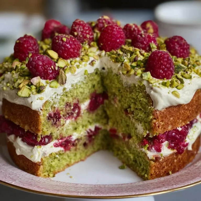 Leckerer Pistazien-Himbeer-Kuchen mit frischen Früchten und Nüssen.