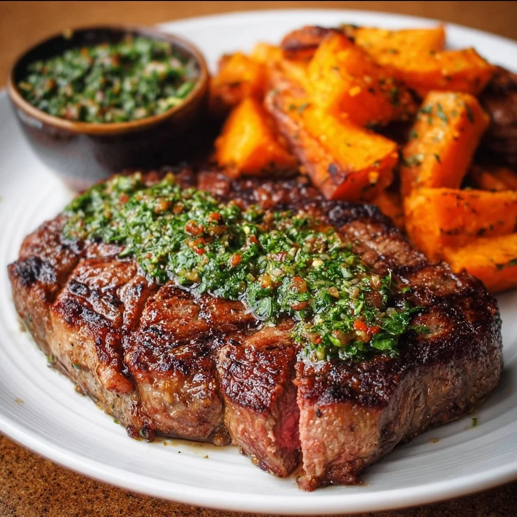 Saftiges Ribeye-Steak mit Süßkartoffeln und Chimichurri Sauce auf einem Teller serviert.