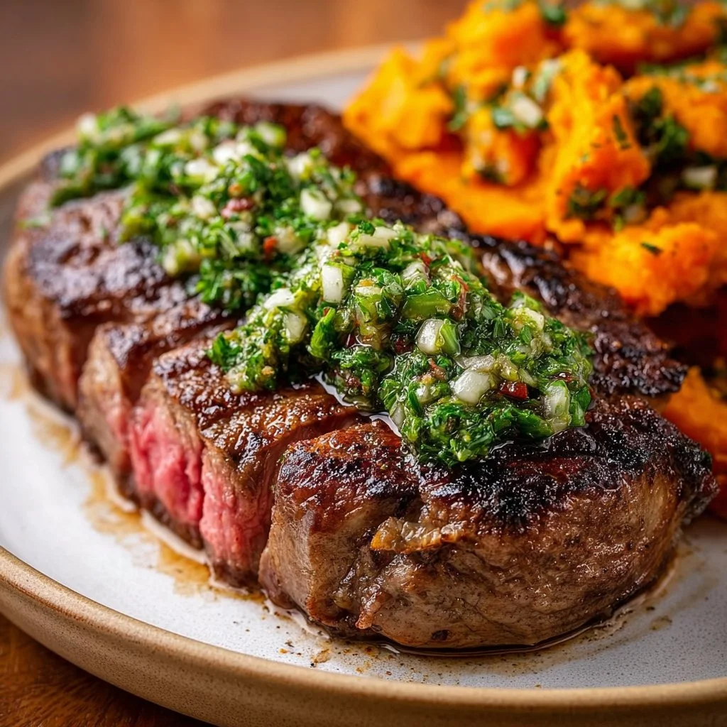 Saftiges Ribeye-Steak mit Süßkartoffel und Chimichurri