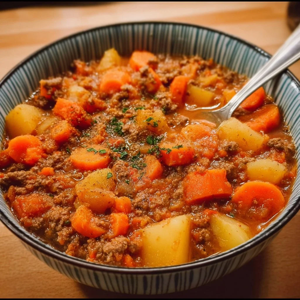 Ein einfacher Karotten-Eintopf mit Hackfleisch in einem aromatischen Topf.