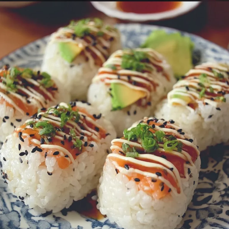 Sushi-Reisbälle mit Lachs und Avocado auf einem Teller