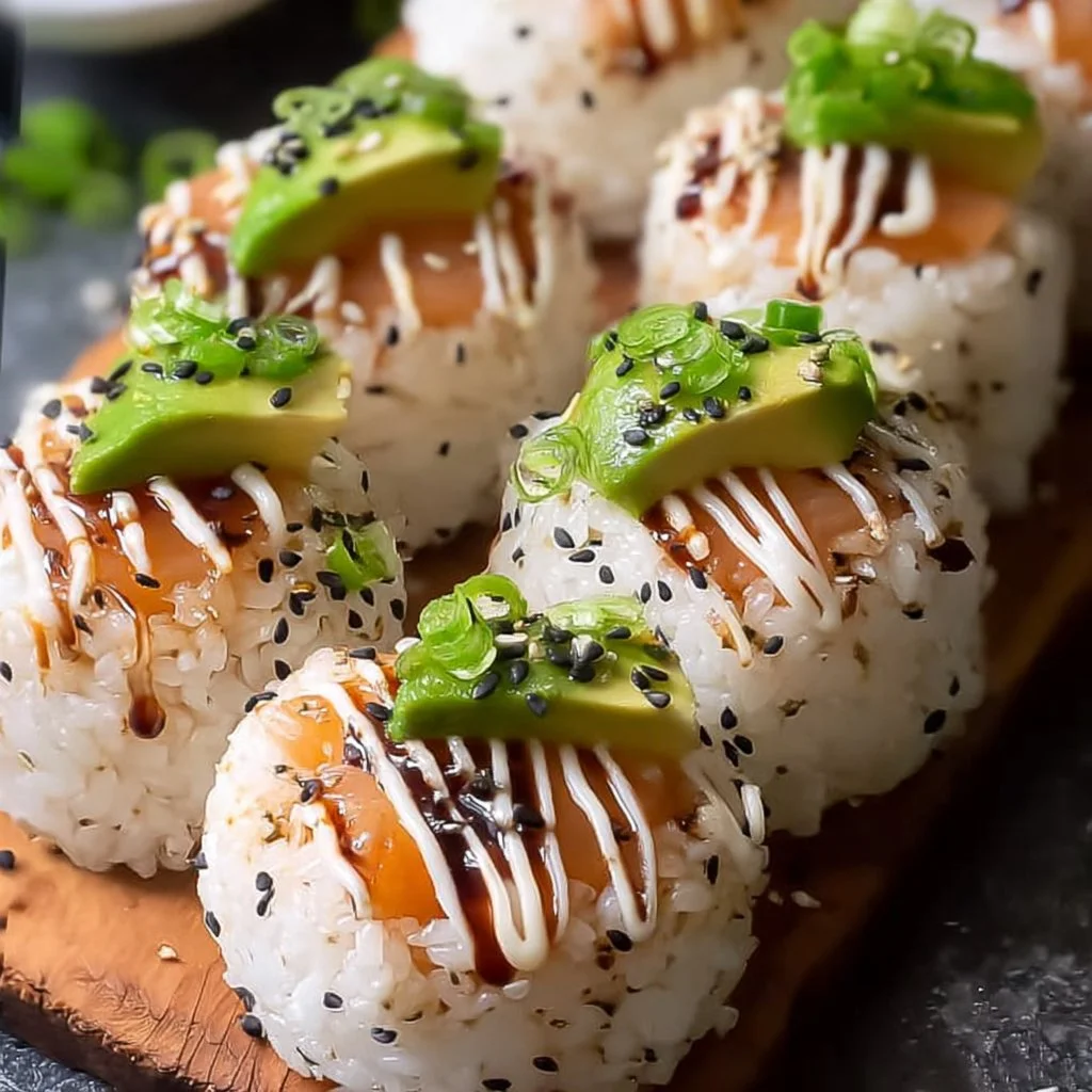 Sushi rice balls with salmon and avocado