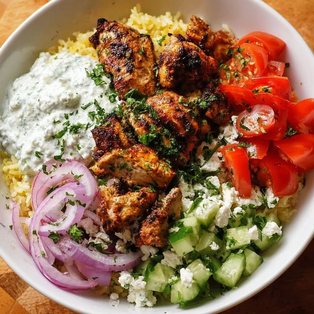 Die beste Griechische Hähnchen Bowl mit saftigem Hähnchen und frischen Zutaten.