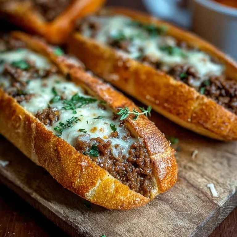 Überbackene Hackfleisch-Baguettes frisch aus dem Ofen, ideal für herzhaften Genuss.