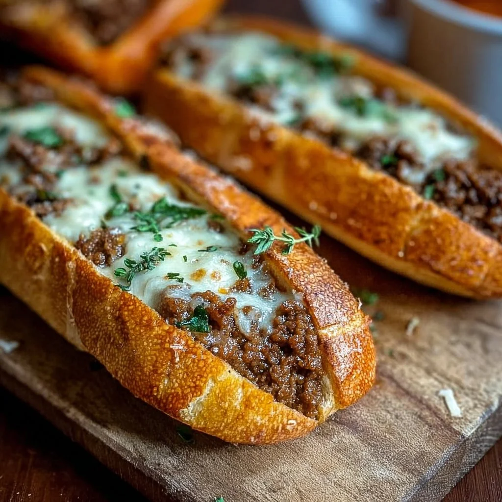 Überbackene Hackfleisch-Baguettes frisch aus dem Ofen, ideal für herzhaften Genuss.