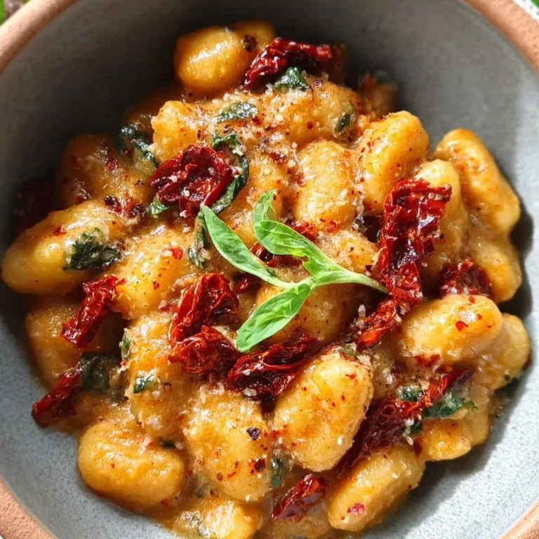 Vegane Gnocchi mit sonnengetrockneter Tomatensauce auf einem Teller serviert.