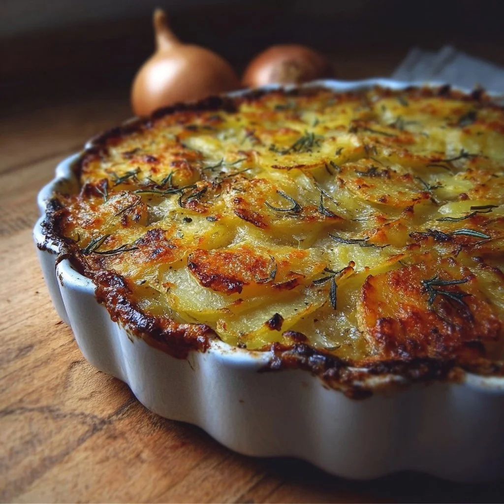 Vegetarischer Kartoffelauflauf mit frischen Zutaten und Käse überbacken