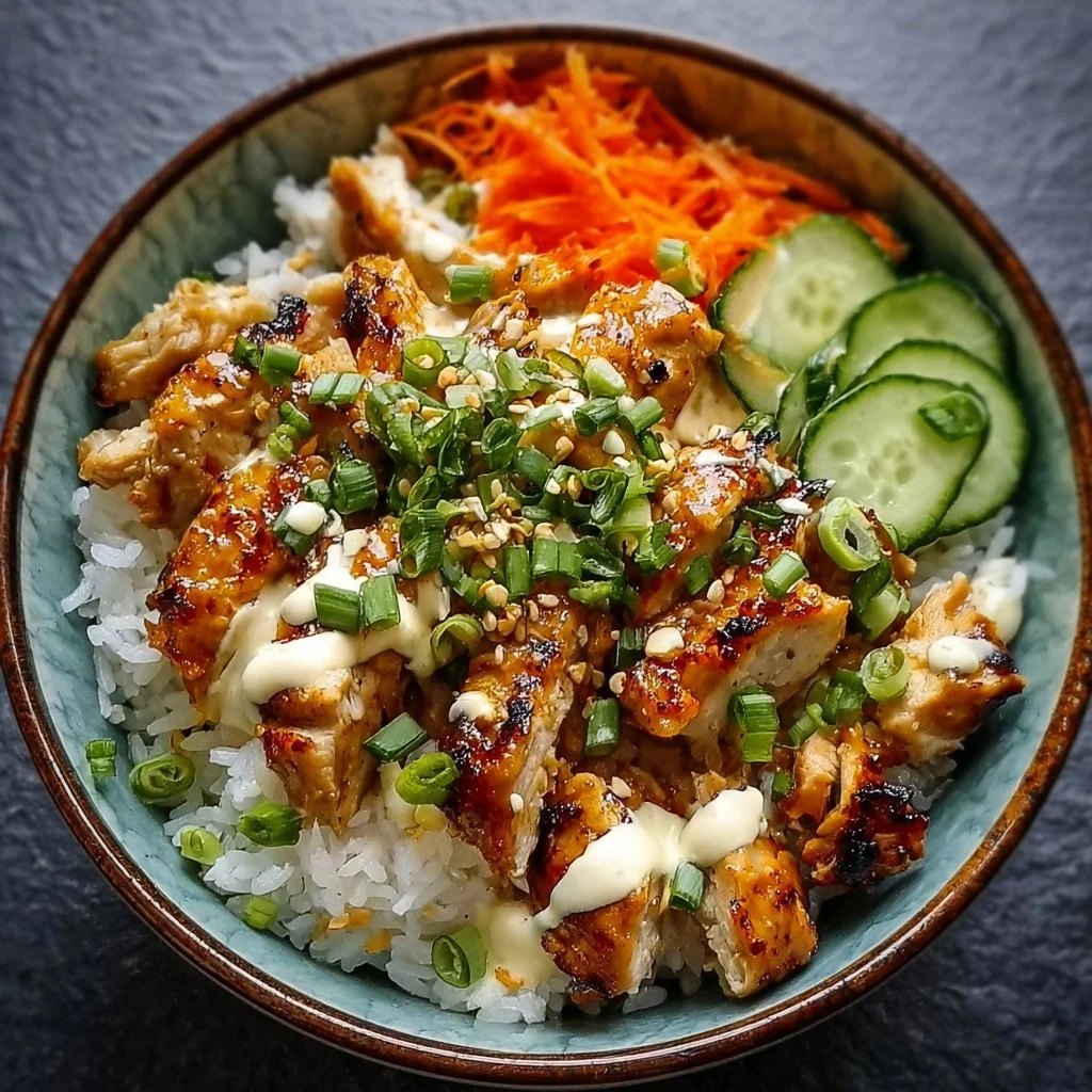 Würzige Hähnchen Bowl mit cremiger Soße und frischen Zutaten